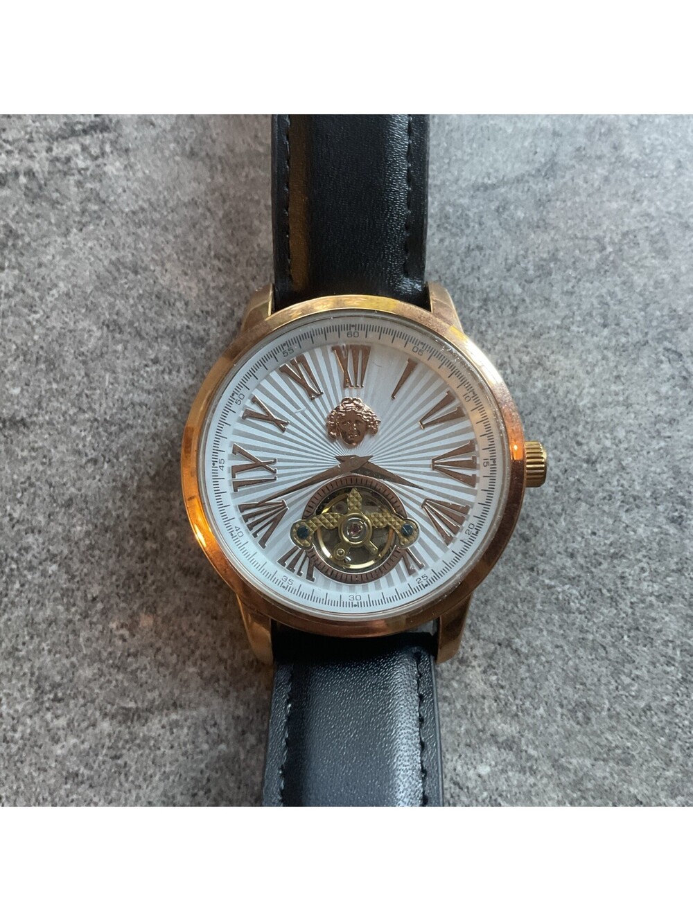 Versatilis Couture Mens Automatic Watch 42mm Rose Gold Tone Case Leather Band 19